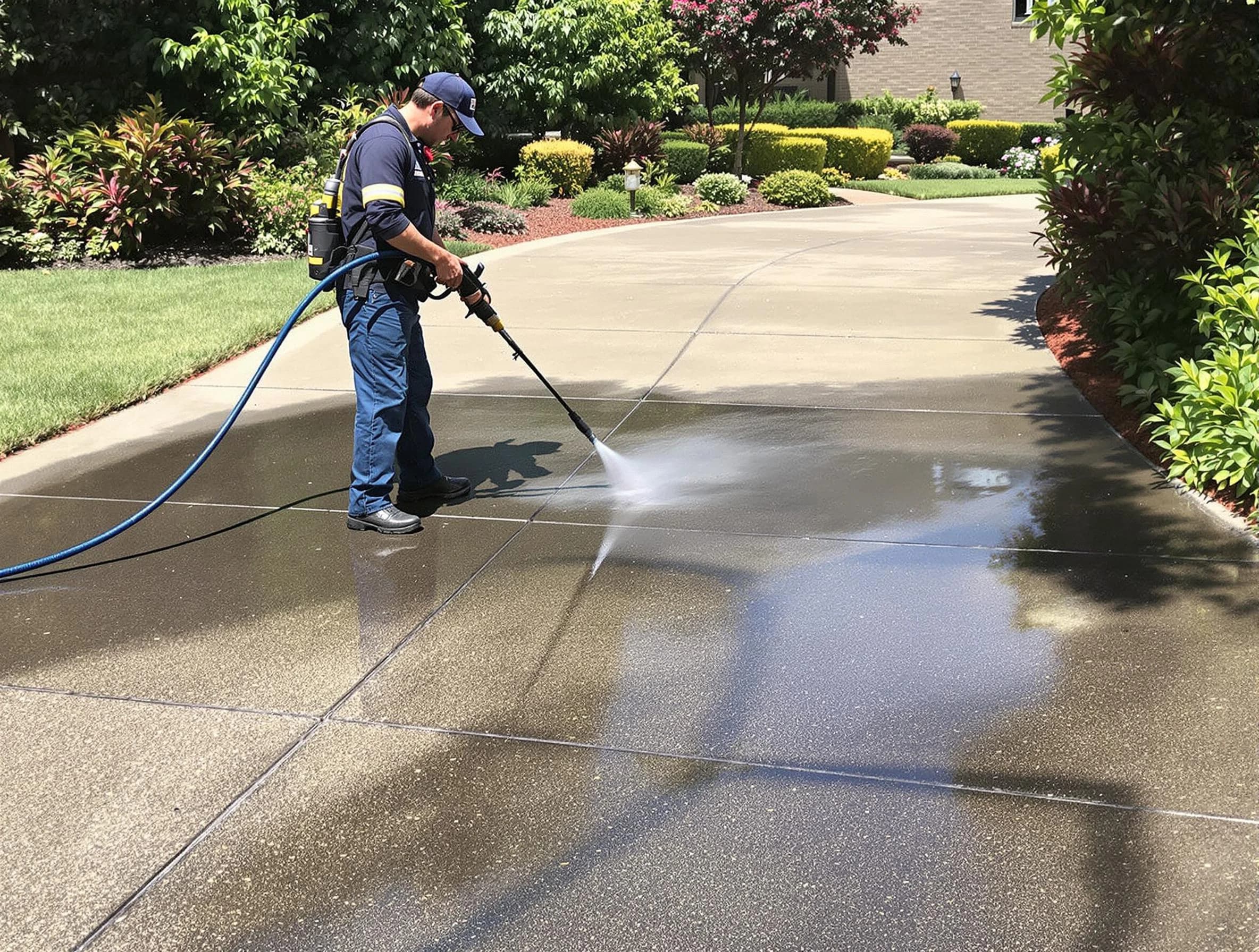 Experienced North Royalton Power Washing team member pressure washing a driveway in North Royalton