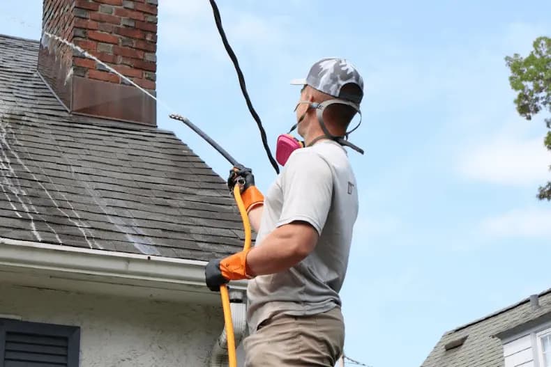 North Royalton Power Washing professional performing gentle roof washing service in North Royalton